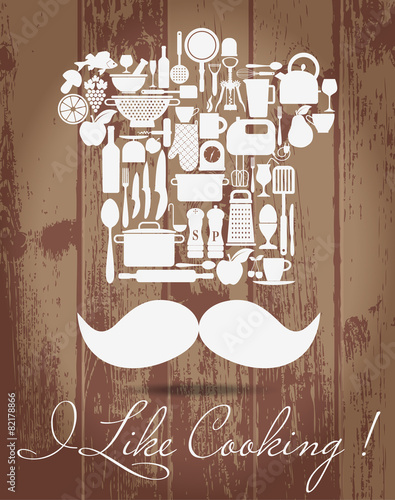 Kitchen set icons on wood