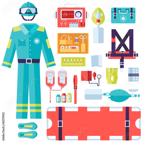 medical rescue uniform and set first aid help equipment and