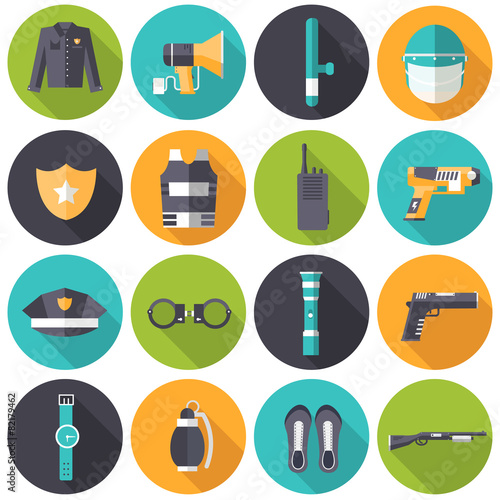 police uniform and set protection icons on isoleted background