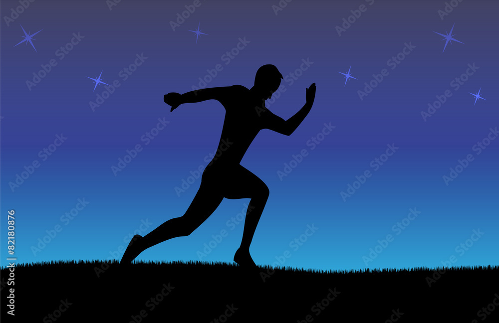Silhouette of running man in night background with stars