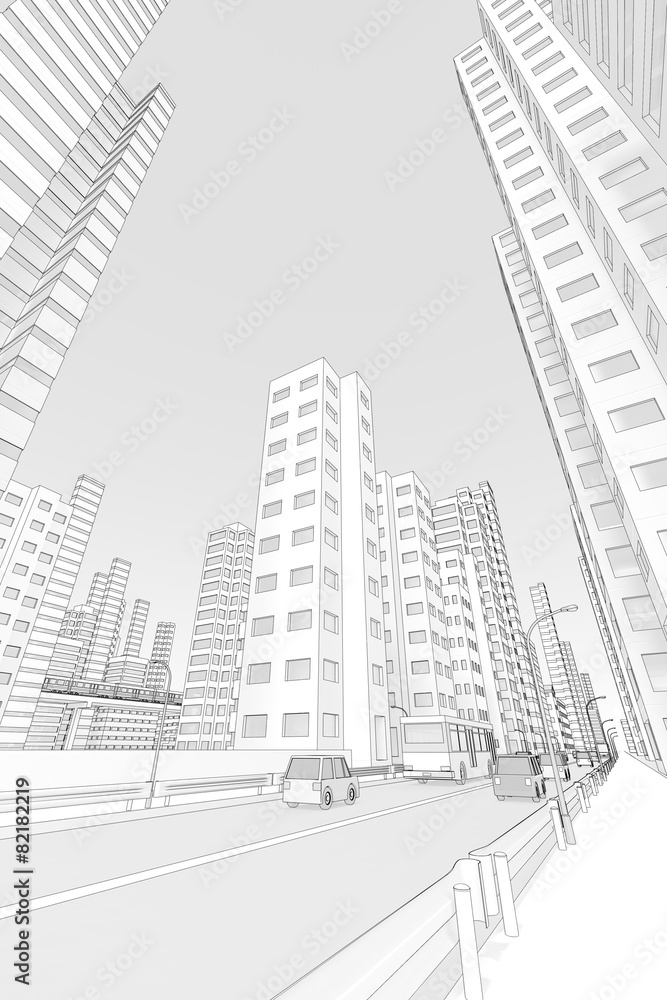 高層ビル街と車道 高層ビル街と車道