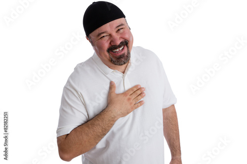 Happy satisfied man shows his gratitude in prayer