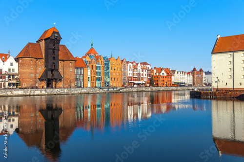 View of the riverside by the Motlawa river in Gdansk, Poland.
