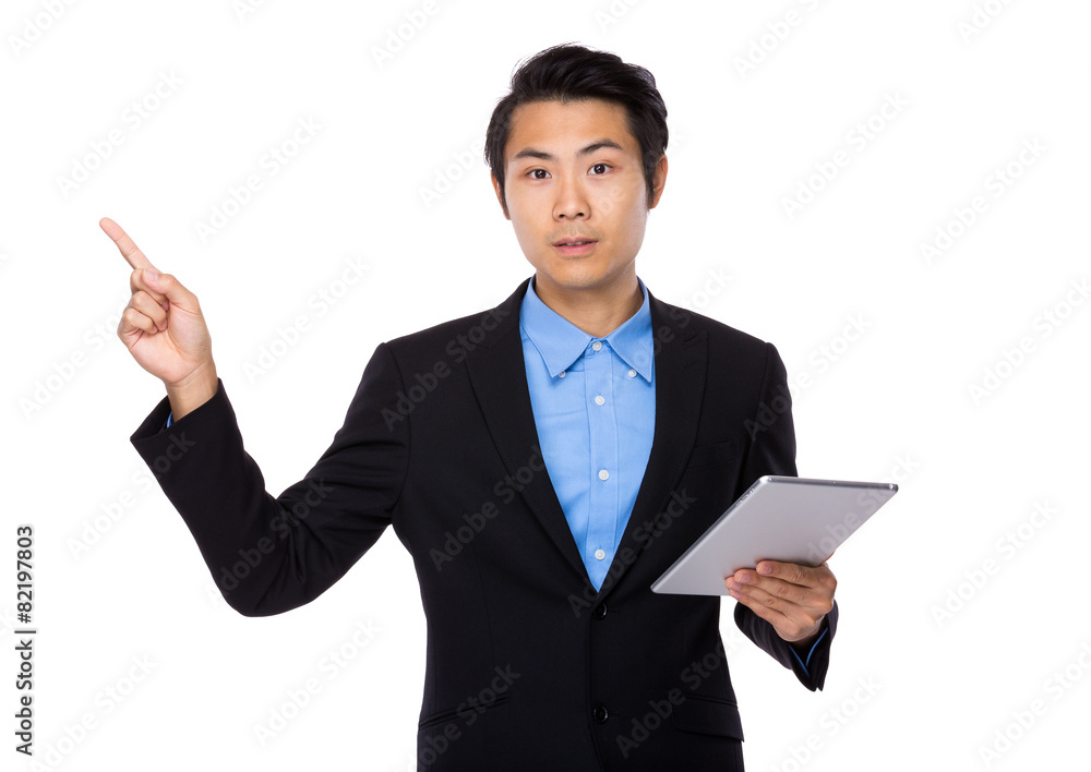 Businessman hold with tablet and finger showing up Businessman hold with tablet and finger showing up