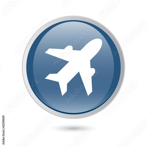 blue glossy web icon. Airplane sign. Plane symbol. Travel icon