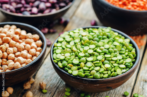 bean. green and yellow peas, colored beans, chickpeas, green and