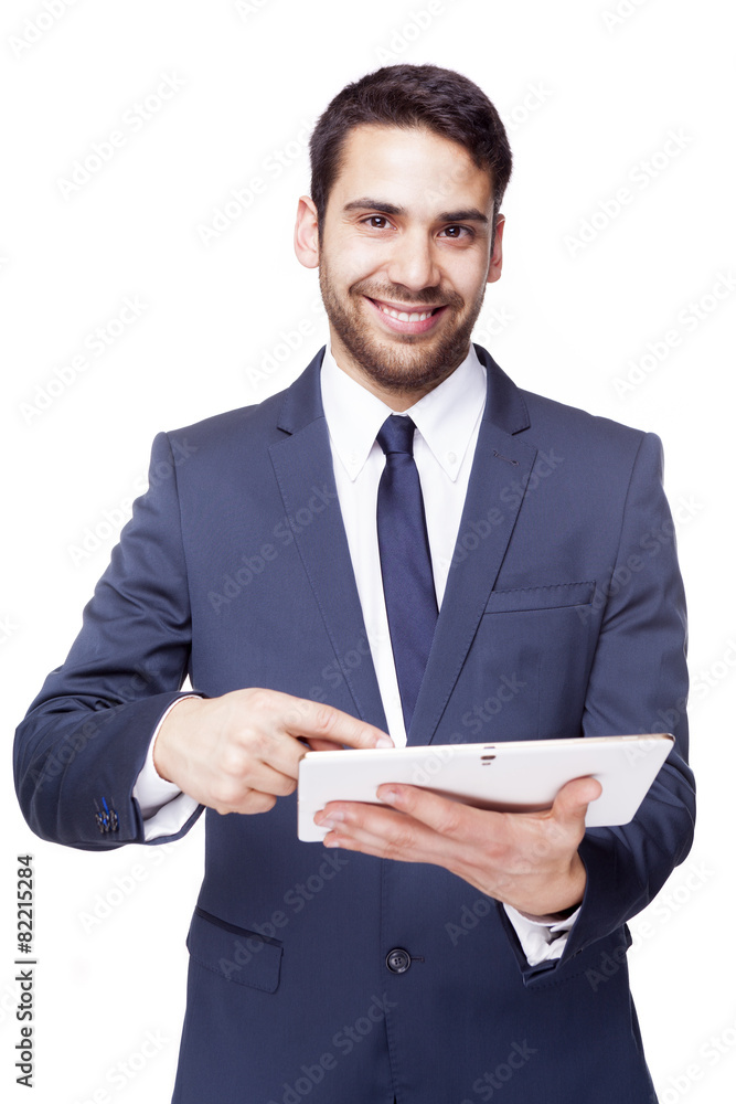 Business man standing with tablet computer, isolated on white ba Business man standing with tablet computer, isolated on white ba