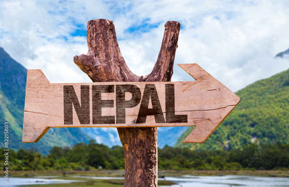 Nepal wooden sign with nature background