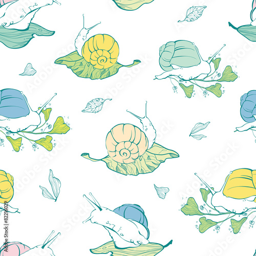 Vector lineart snails on leaves seamless pattern background