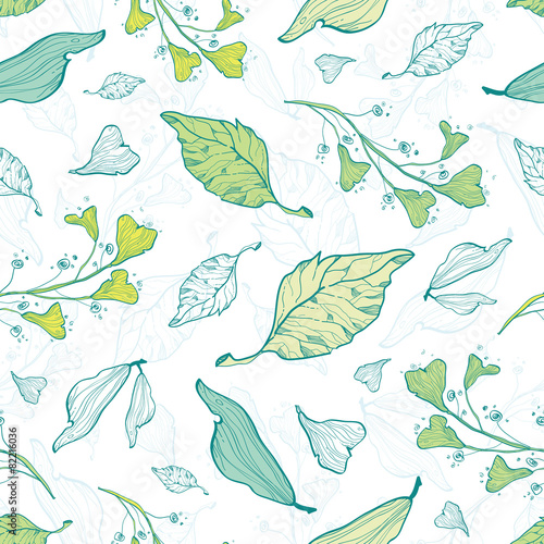 Vector lineart spring leaves seamless pattern background