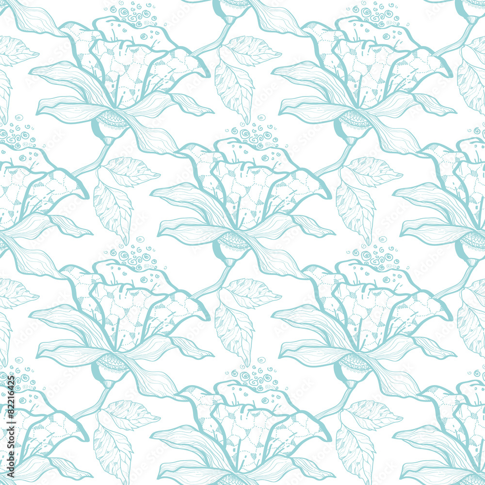 Fototapeta premium Vector light blue lace florals seamless pattern background