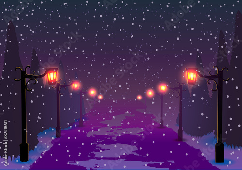 Vector Illustration. Snowy alley in the park.