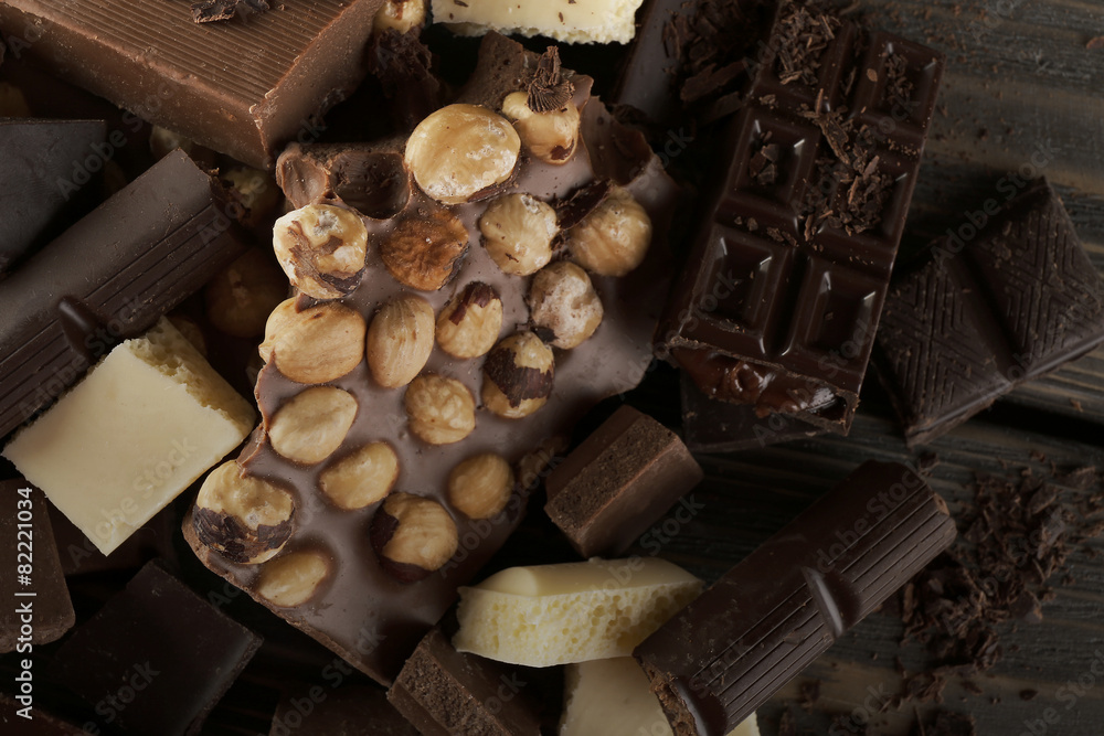 Set of chocolate with hazelnut, closeup Set of chocolate with hazelnut, closeup