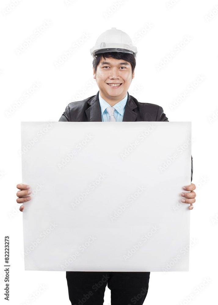 engineering man wearing white safety helmet holding empty banner engineering man wearing white safety helmet holding empty banner