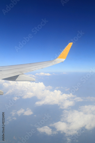 Wing of an airplane flying above sky