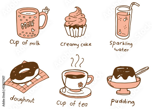 set of food and beverage in doodle style