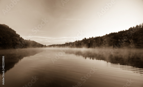 Vintage image, morning mist on the River.