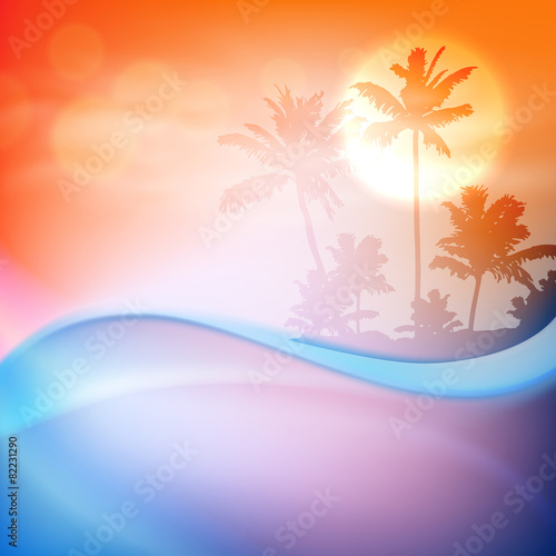 Water wave and island with palm trees