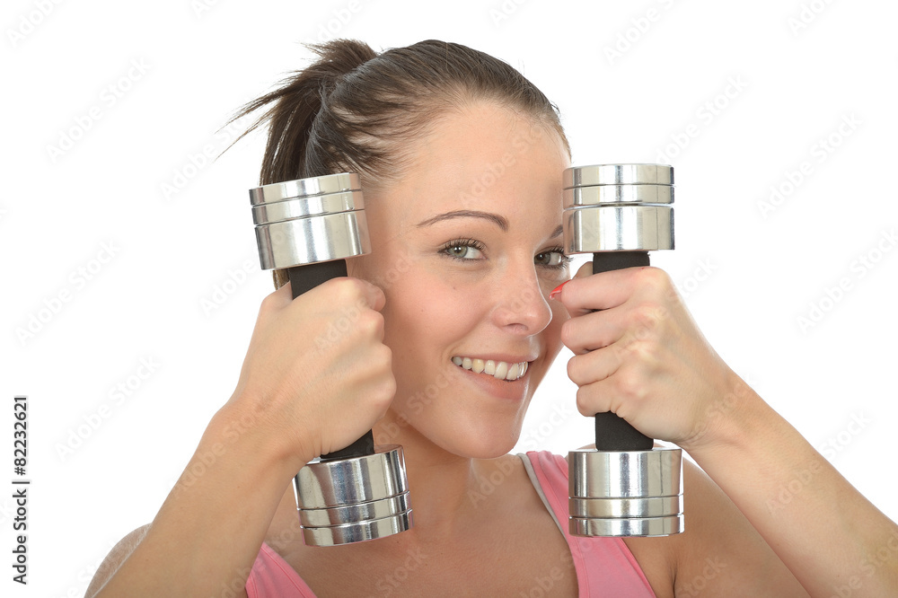 Healthy Happy Young Woman Training With Dumb Bell Weights Healthy Happy Young Woman Training With Dumb Bell Weights