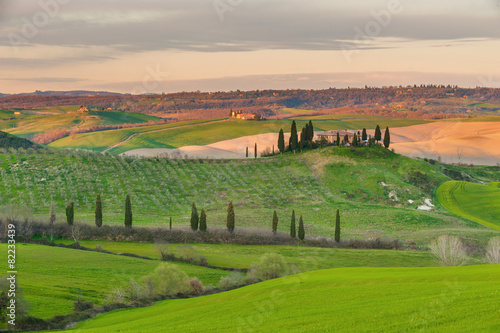 Wavy fields in spring sunset in Tuscany.