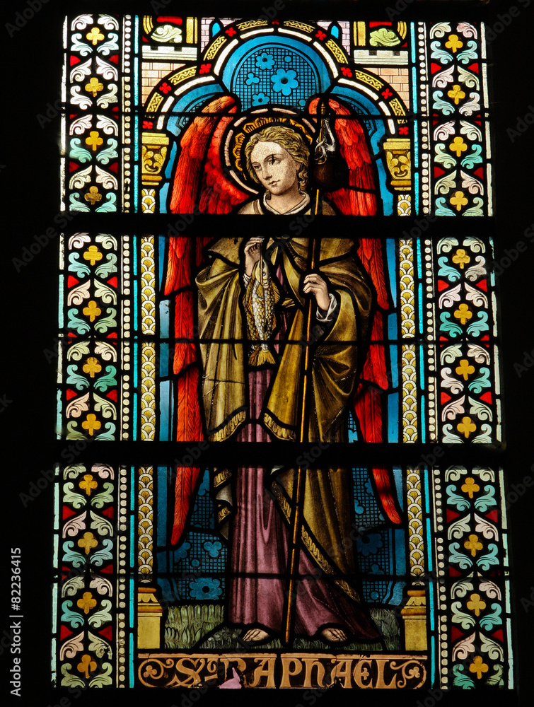 Stained glass in the Cathedral of Luxemburg of Saint Raphael.