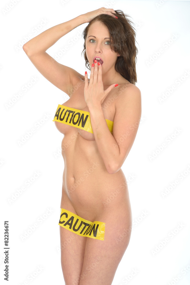 Fototapeta premium Sexy Sensual Naked Young Pin Up Woman Wearing Yellow Caution Tap