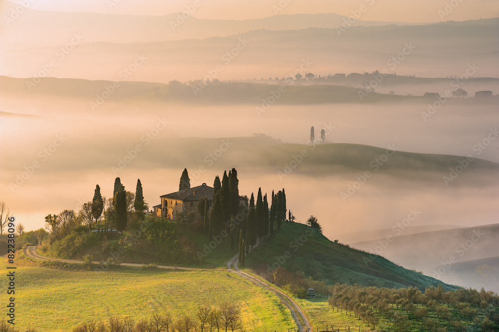 Mist flowing in the green fields of Tuscany in the morning