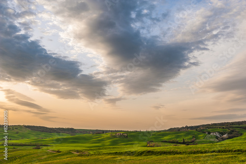 Sunset over the fields in Tuscany, near Pienza, Italy