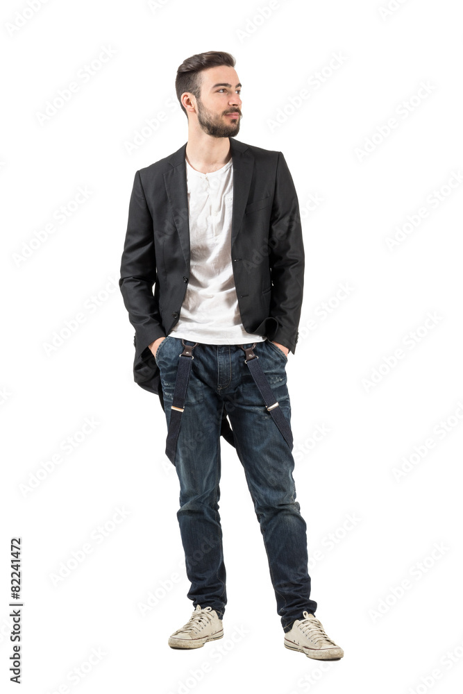 Smiling fashion model with hands in pockets Smiling fashion model with hands in pockets