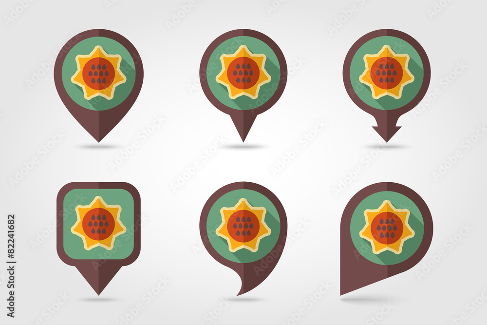 Sunflower flat mapping pin icon with long shadow Sunflower flat mapping pin icon with long shadow