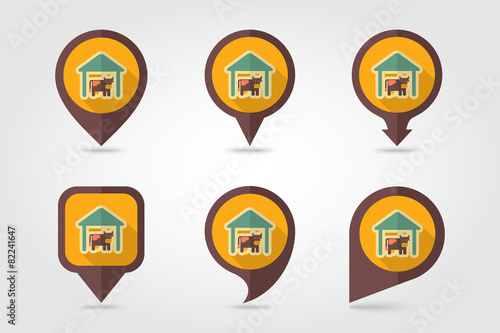 Cowshed flat mapping pin icon with long shadow