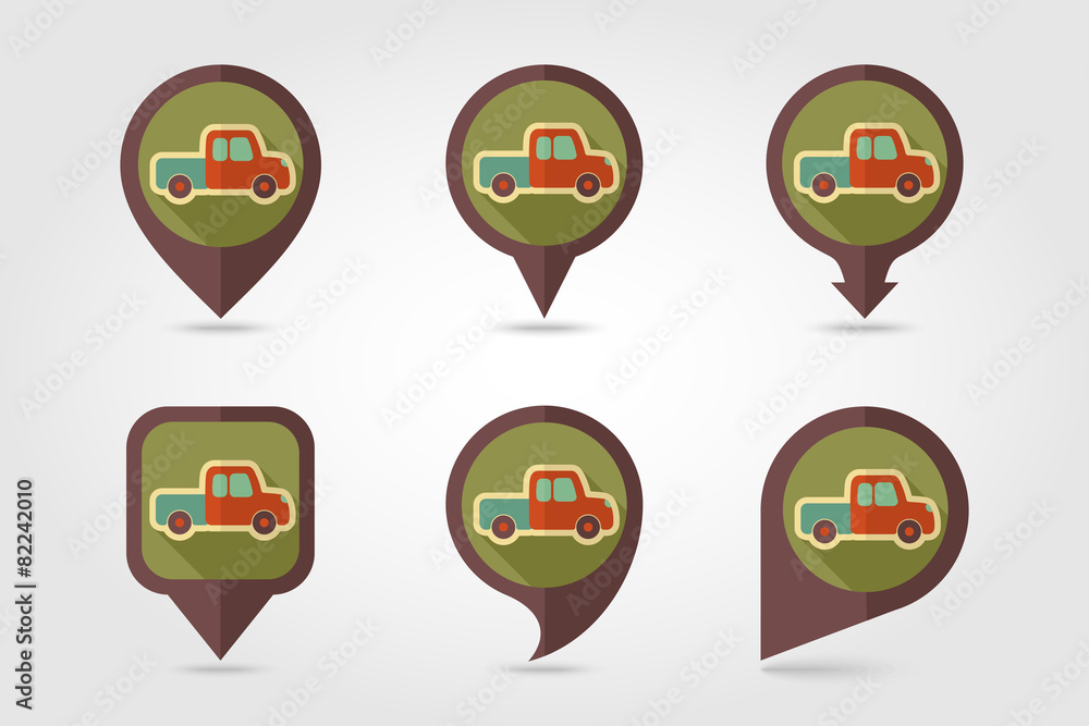 Pickup truck flat mapping pin icon with long shadow