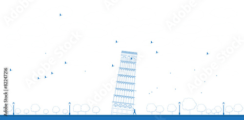 Outline Pisa Tower in blue color. Vector illustration