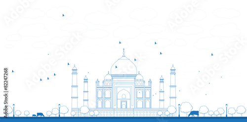 Outline Taj Mahal with Tree and cow