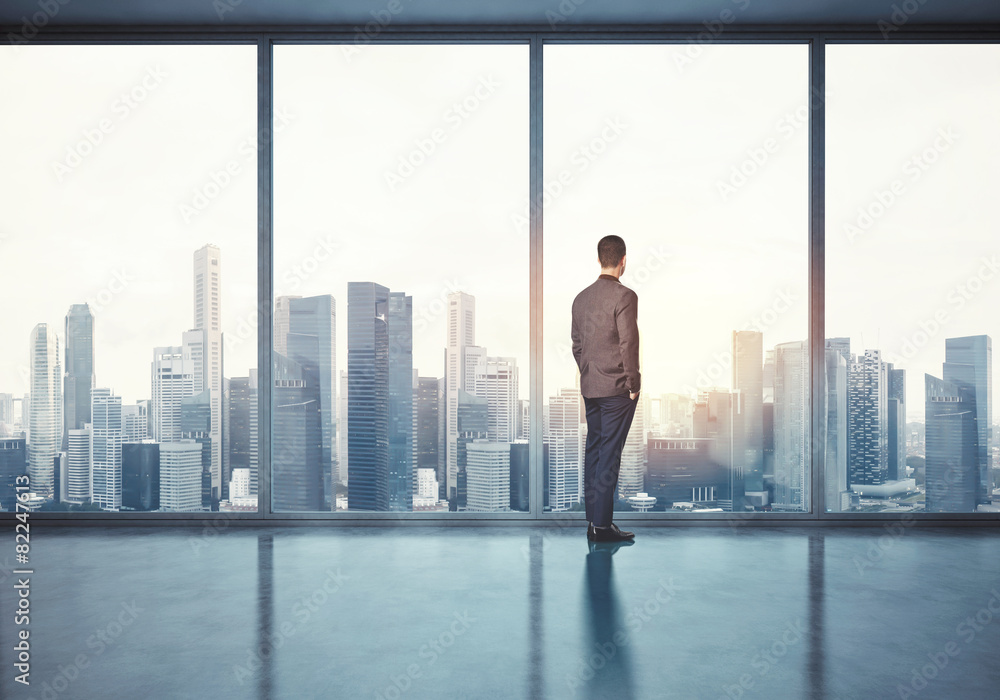 Man in suit looking at sunrise. 3d render Man in suit looking at sunrise. 3d render
