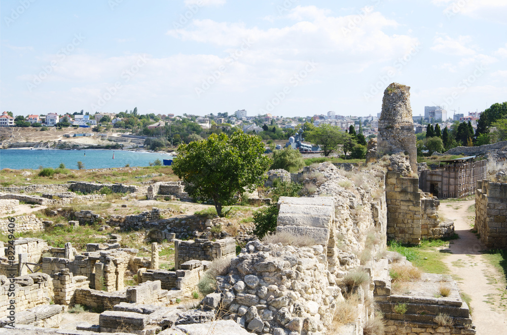 Chersonese, ruins of defensive walls and view Quarantine Bay.
