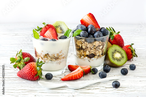 Plakat Healthy breakfast with muesli in glass, fresh berries and yogurt