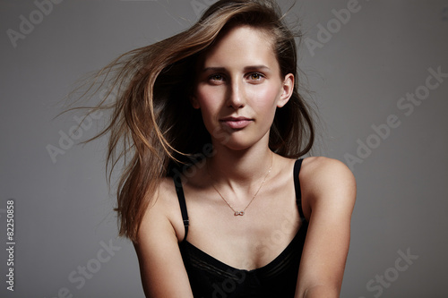 young woman with blowing hair