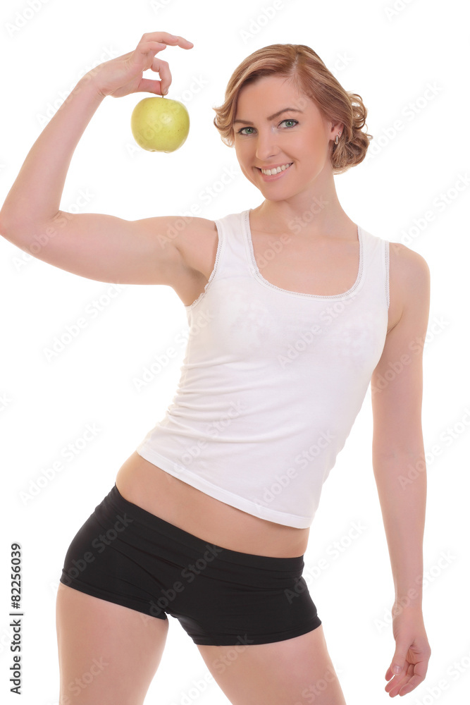 young fitness woman happy smiling holding apple young fitness woman happy smiling holding apple