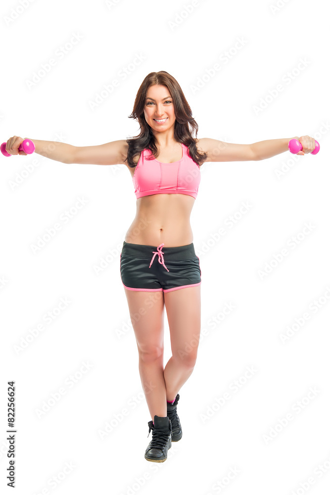 woman in sportswear with dumbbells on a white background woman in sportswear with dumbbells on a white background