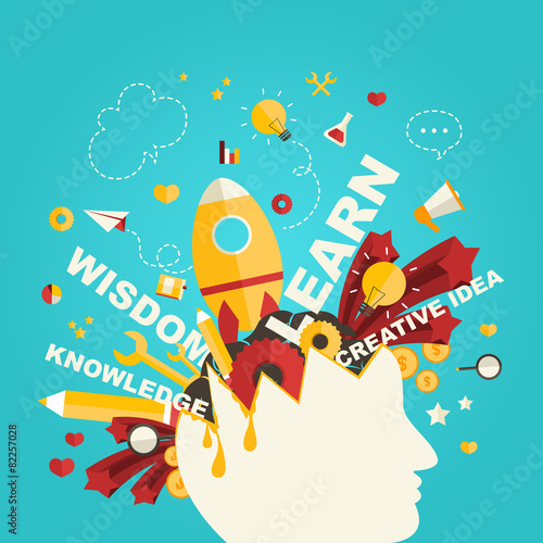 Knowledge and creativity icons flow from head infographic