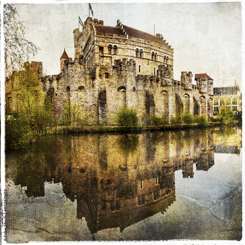 medieval castle Gravensteen in Ghent, Belgium. Artistic retro pi