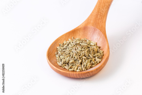 Fennel seeds in a wooden spoon - closeup