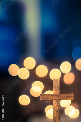 Wooden Cross and Defocused Lights
