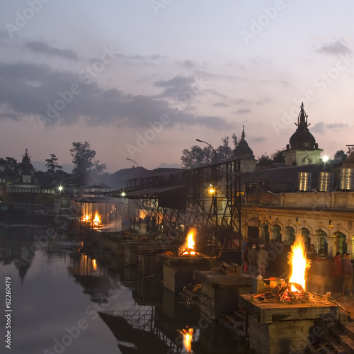 Pashupatinath temple complex on Bagmati River in the evening. Fu