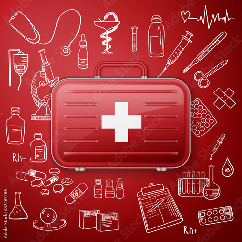 medical chest and hand draw medicine icon
