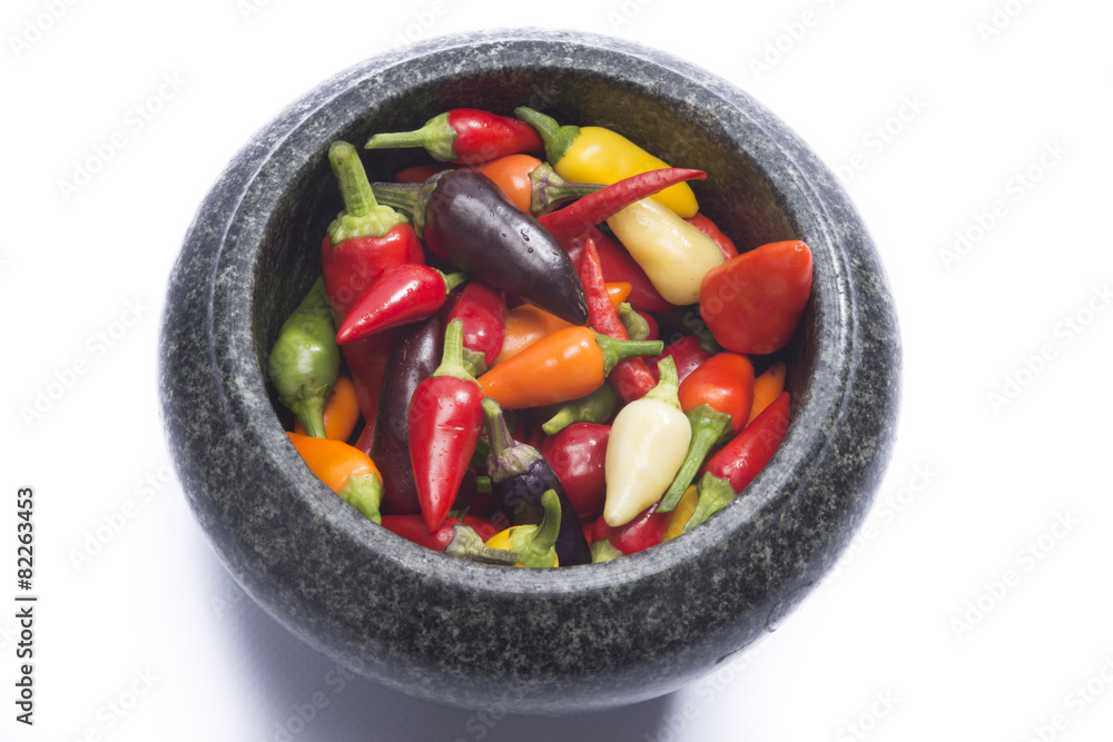 hot pepper mix in mortar on white background