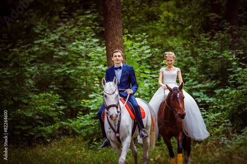 A couple of beautiful young newlywed are sitting on the horses a