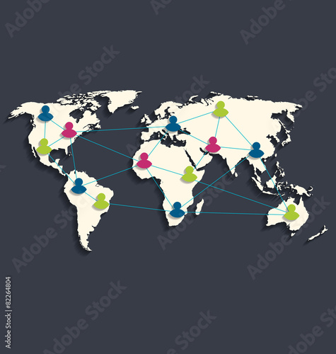 Social connection on world map with people icons, flat style des