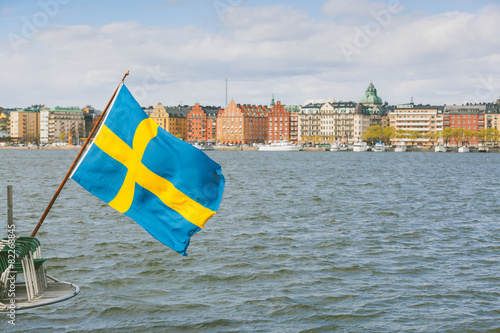 Swedish flag on the rear of a boat in Stockholm